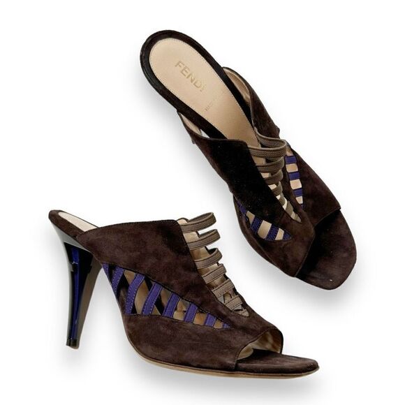 Fendi Sandalo Mix Elastico + Fuoco Art Brown Suede Open Toe Heels Women’s Siz 40 - Picture 2 of 10